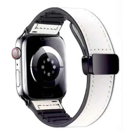 Smartwatch with a white leather band on a white background