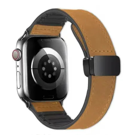 Smartwatch with a brown leather strap on a white background