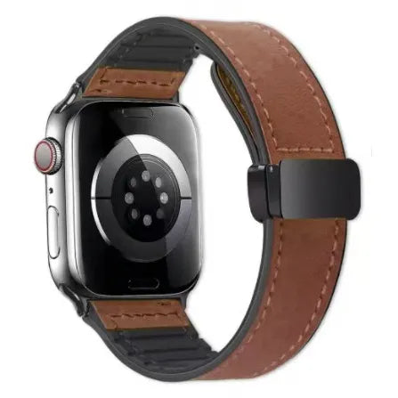 Smartwatch with a brown leather strap on a white background