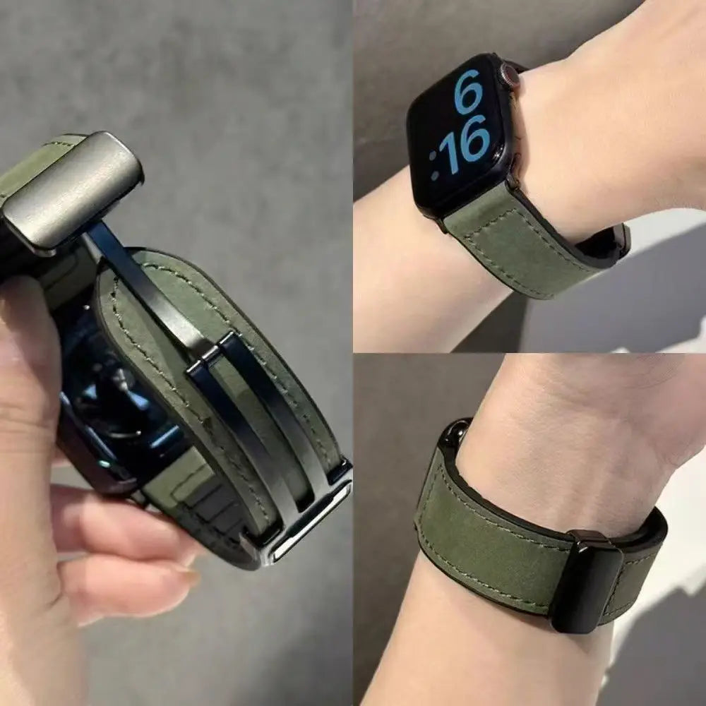 Collage of a green smartwatch band being attached to a watch, held in hand and worn on wrist.