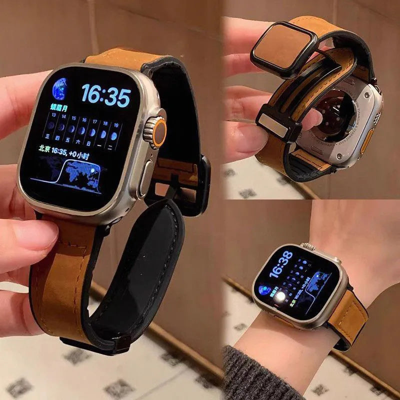 Smartwatch with brown leather strap held by a person, showing close-up details.