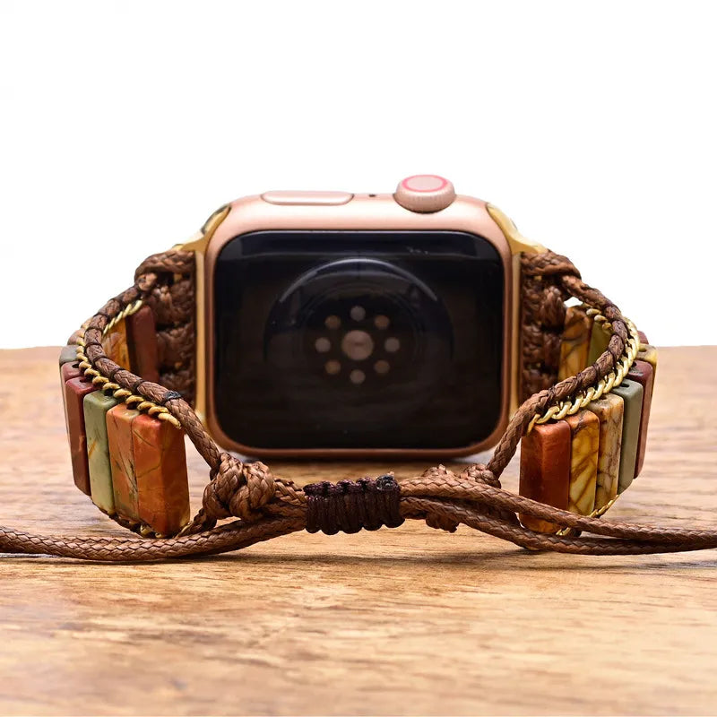Smartwatch with a braided wooden strap on a wooden surface