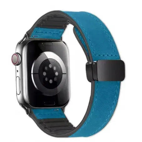 Blue and black Apple Watch band on a white background