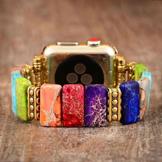 Smartwatch with colorful marbleized band on a wooden surface