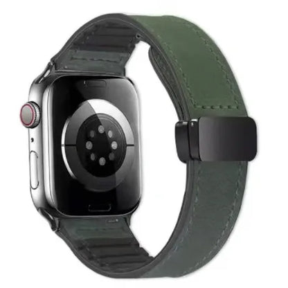 Smartwatch with a green leather strap on a white background