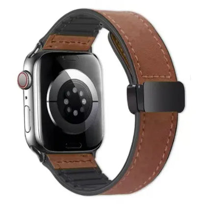 Smartwatch with a brown leather strap on a white background