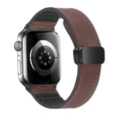 Smartwatch with a brown leather strap on a white background