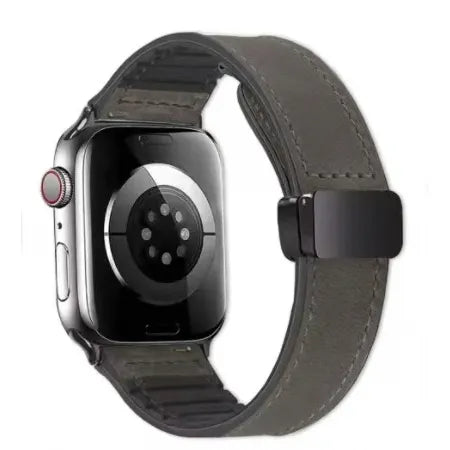 Smartwatch with a gray leather strap on a white background