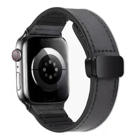Smartwatch with a black leather strap on a white background