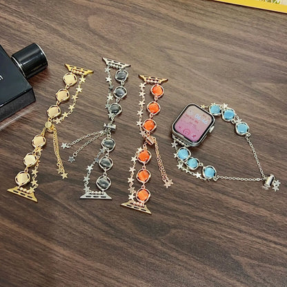 Smartwatch with decorative band on a wooden surface