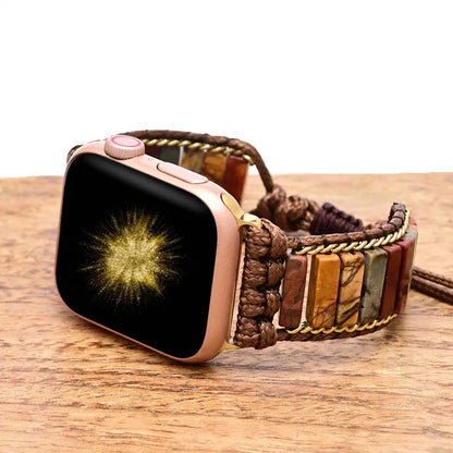 Smartwatch with a wooden strap on a wooden surface