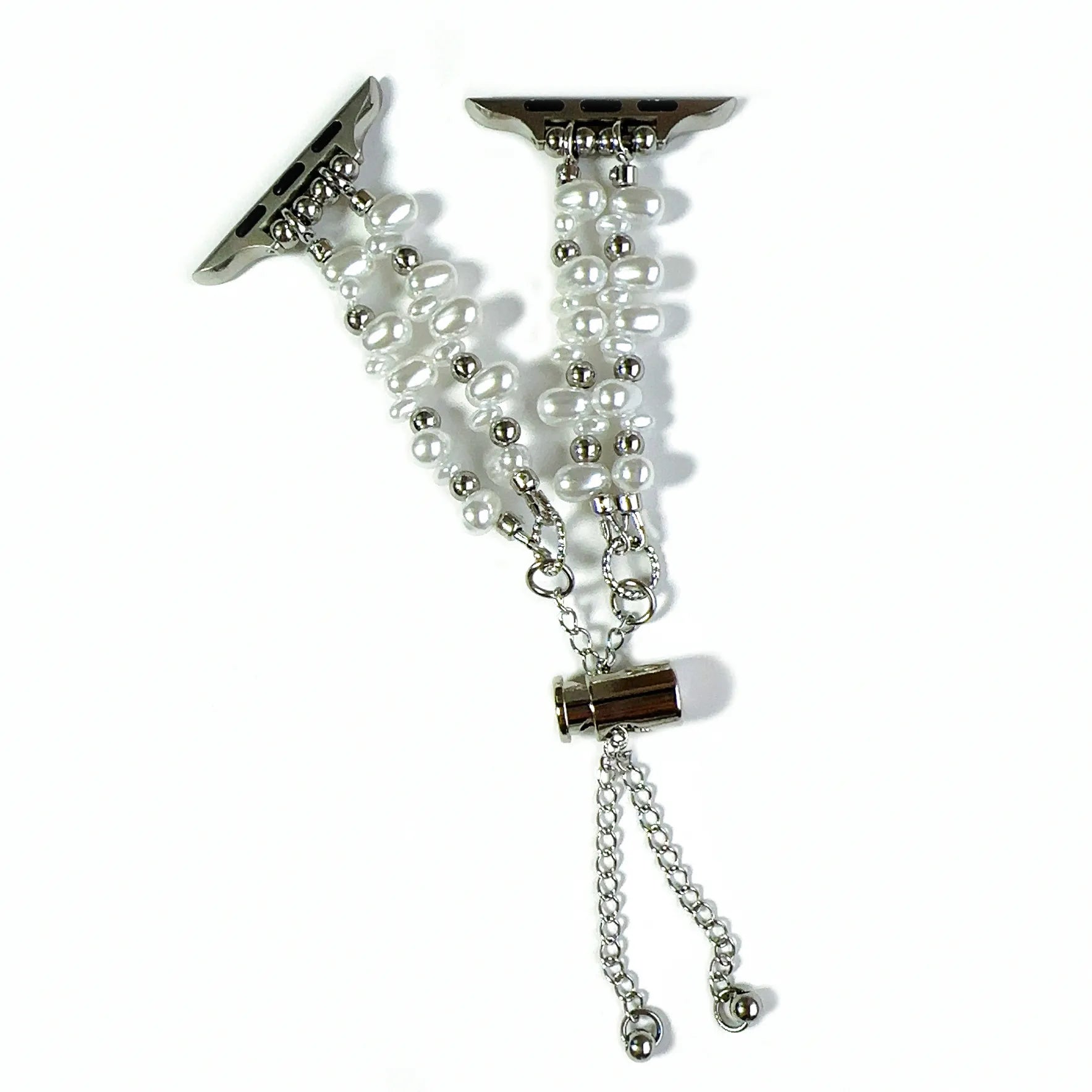 Pearl bracelet with metal clasp on a white background