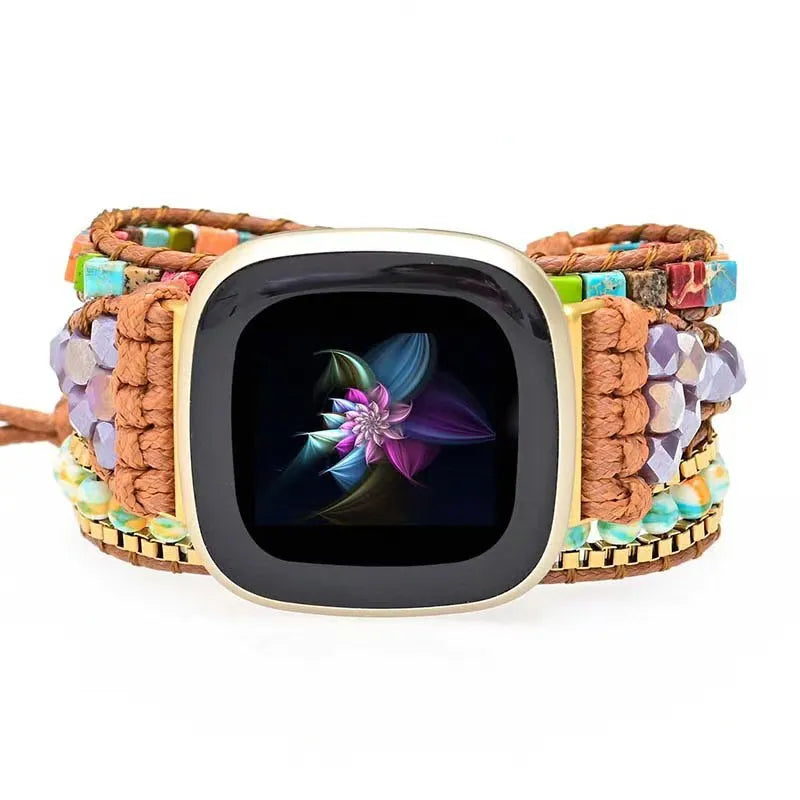 Colorful woven smartwatch band on a white background