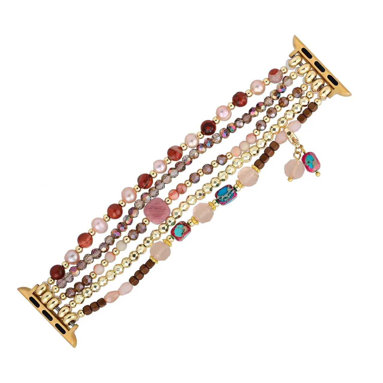 Multicolored beaded bracelet with gold accents on a white background
