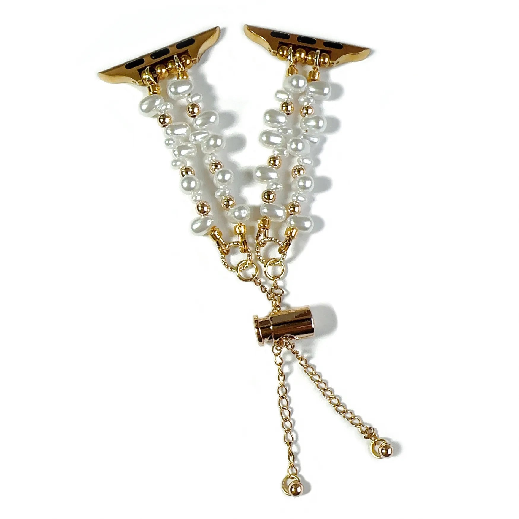 Decorative earring with pearl and gold chain on a white background