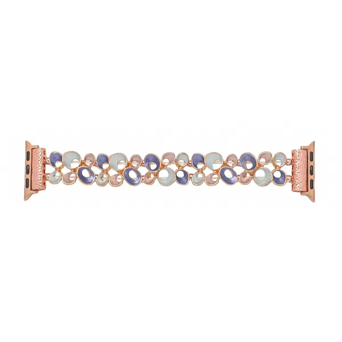 Multicolored watch band with rose gold clasp on a white background