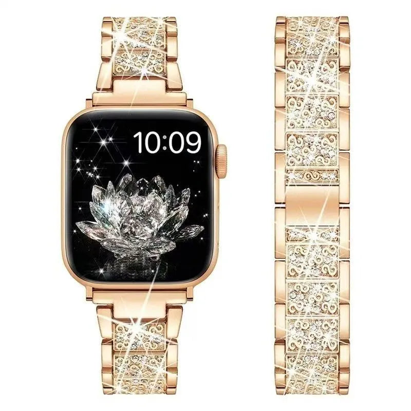 Smartwatch with a rose gold band featuring gemstones on a white background