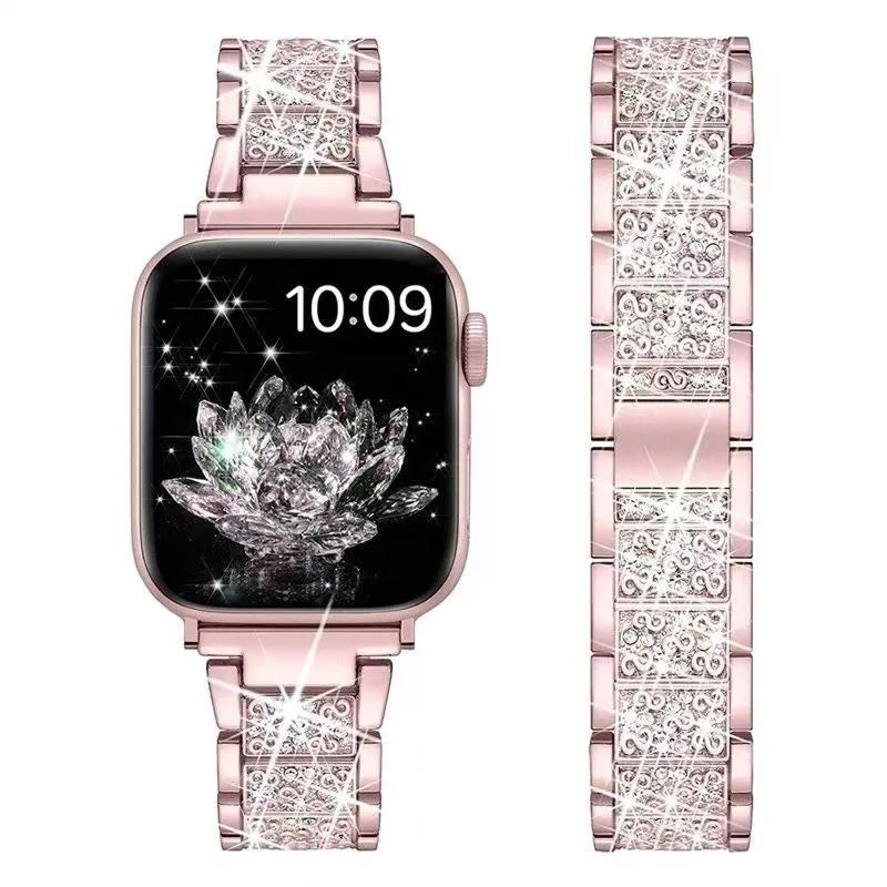Smartwatch with a rose gold and diamond-encrusted band on a white background