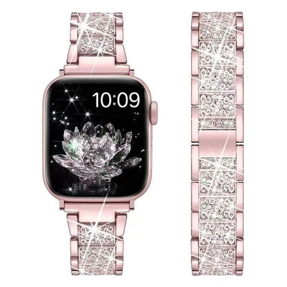 Smartwatch with a rose gold and diamond-encrusted band on a white background