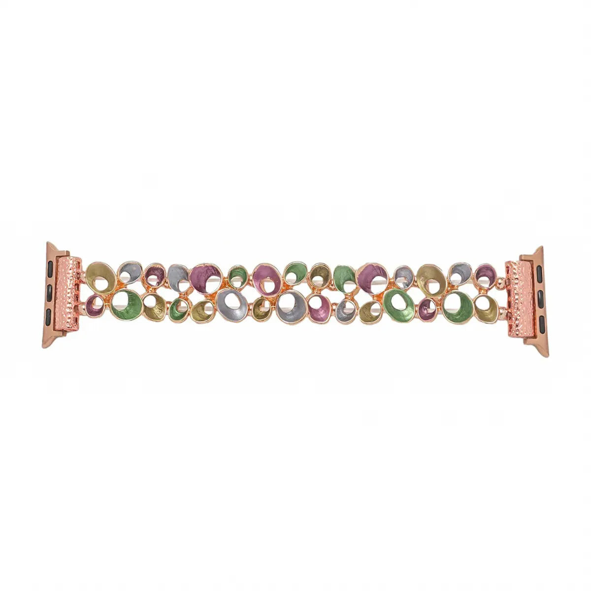 Multicolored watch band with rose gold clasp on a white background