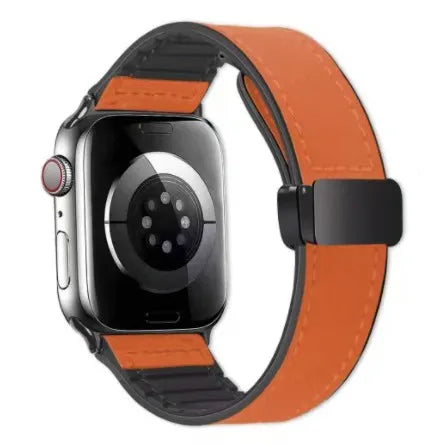 Smartwatch with an orange leather strap on a white background