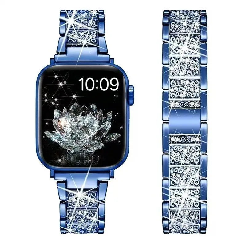 Smartwatch with a blue strap featuring diamond-like crystals on a white background