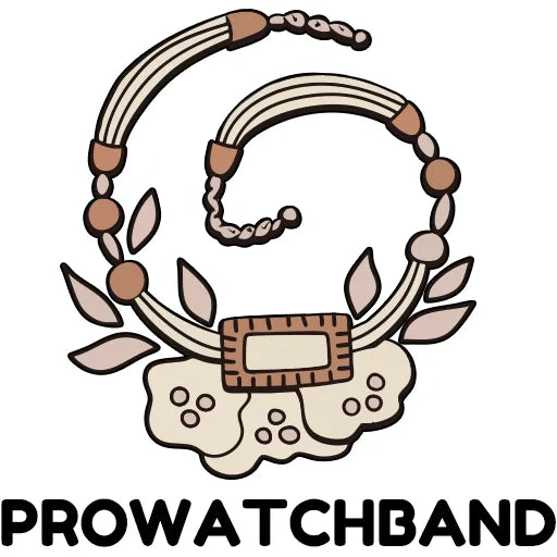 Decorative watchband design with leaves and a buckle, branded 'Prowatchband'.